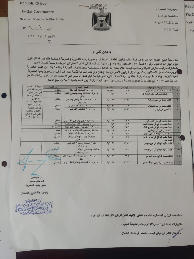 بلدية الناصرية تعلن عند عدد من المزايدات