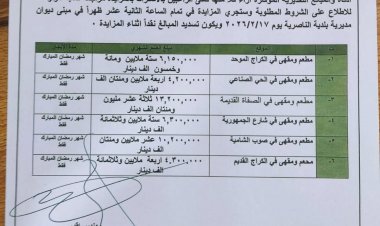 #إعلان_مزايدة  تعلن لجنة البيع و الإيجار عن اجراء المزايدة العلنية لتأجير العقارات العائدة الى مديرية بلدية الناصرية وحسب ما مدرج ادناه. #إعلام_مديرية_بلدية_الناصرية